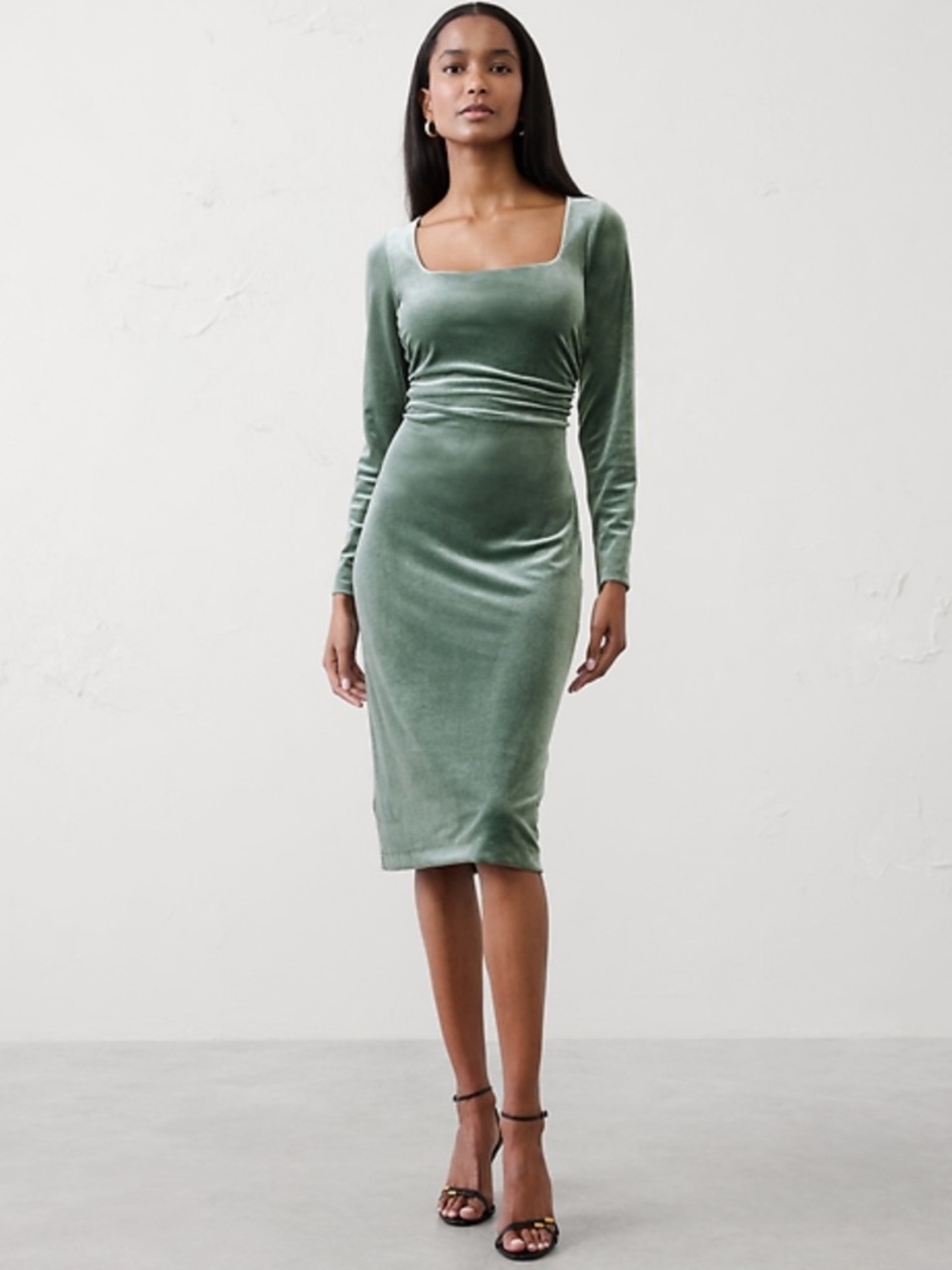 Banana Republic VELVET SHIRRED-WAIST DRESS Sage Green Ruched Midi Party Dress MP